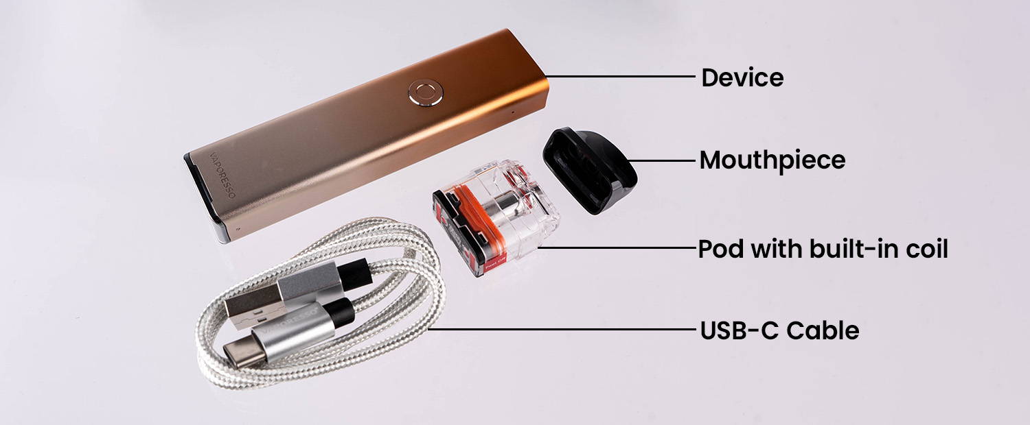 MTL Vape kit showing pod, battery and charging cable.