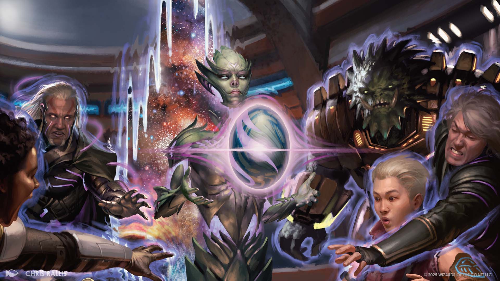 A group of diverse characters from the Edge of Eternities Commander deck interacting with a glowing magical orb.