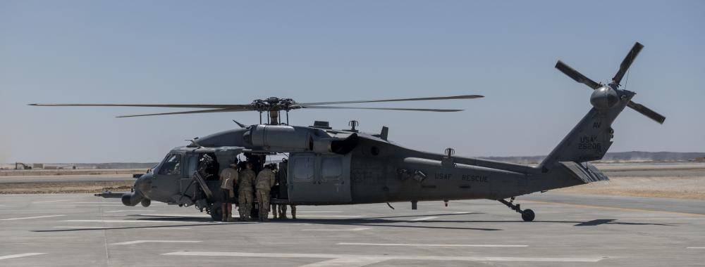 A U.S. Air Force HH-60 Pave Hawk assigned to the 46th Expeditionary Rescue Squadron prepares to take flight at an undisclosed location in Southwest Asia, July 27, 2022. The Pave Hawk is a twin-turboshaft engine helicopter in service in the United States Air Force. (U.S. Air Force photo by Tech. Sgt. Jeffery Foster)