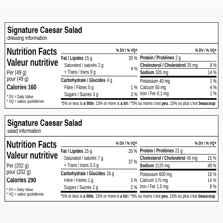 Nutrition facts for Signature Caesar Salad in English and French.