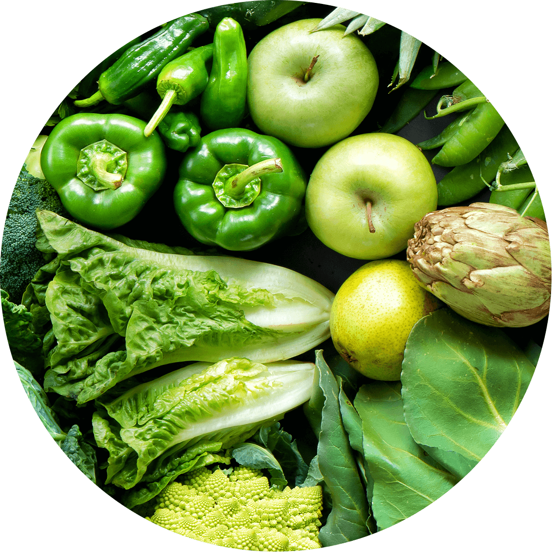 green vegetables and fruits arranged in a circular pattern.
