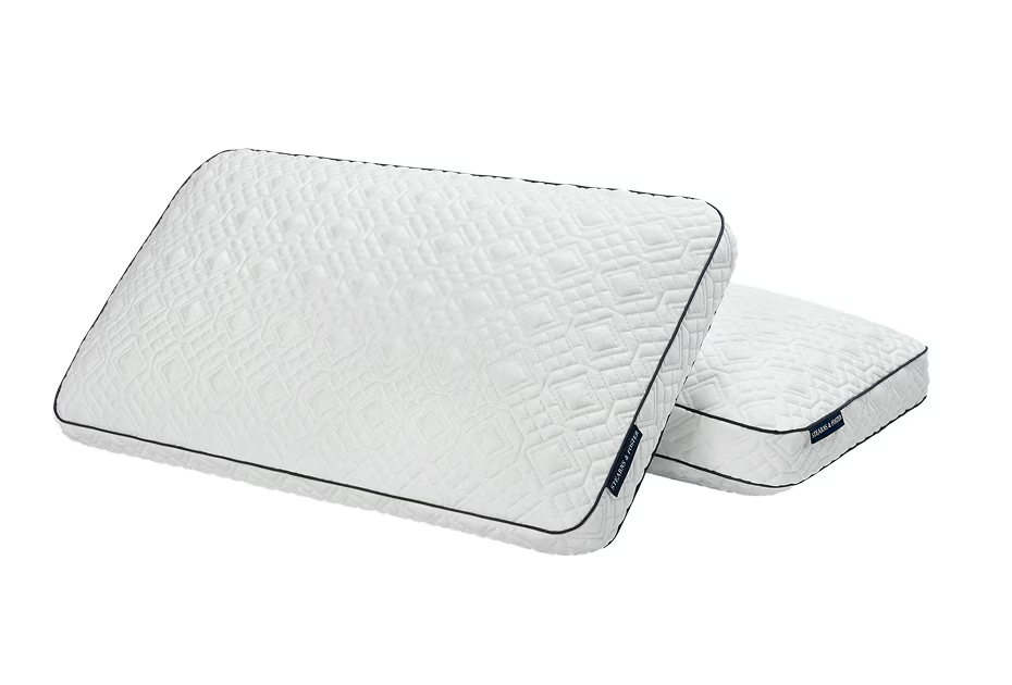 Premium memory foam pillow with contrasting navy fabric for comfort and support.