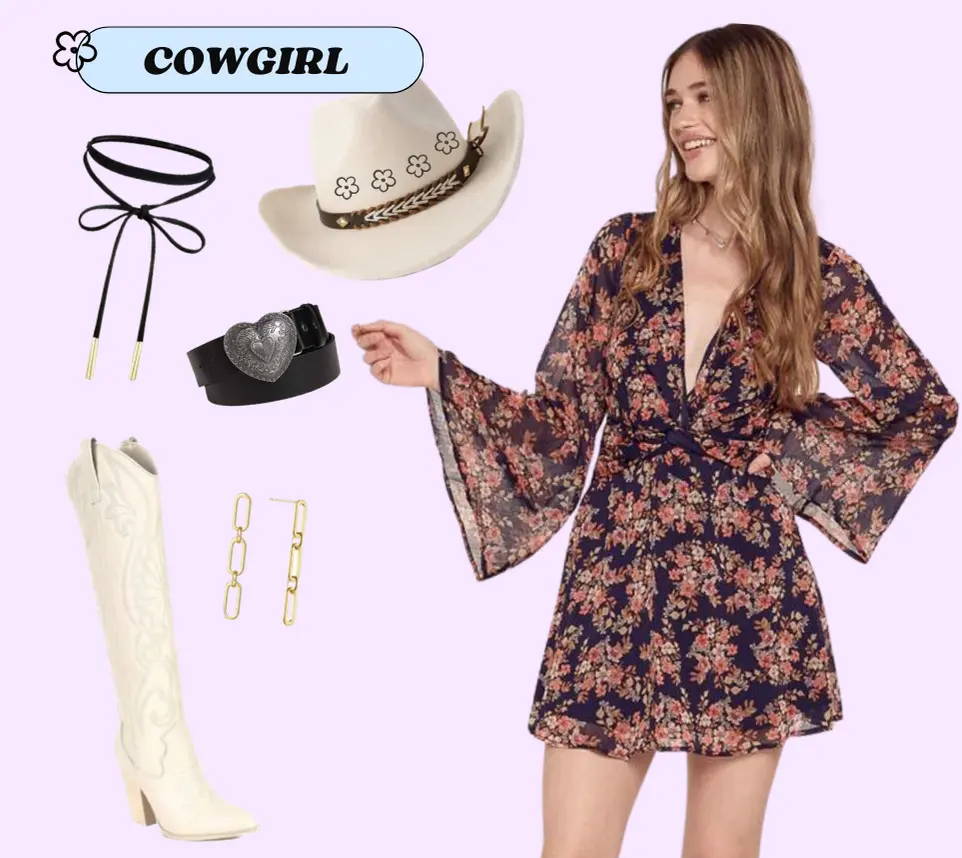 Trixxi cowgirl costume inspiration, cowboy hat, Trixxi floral bell sleeve mini dress, heart belt, and white cowboy boots. 