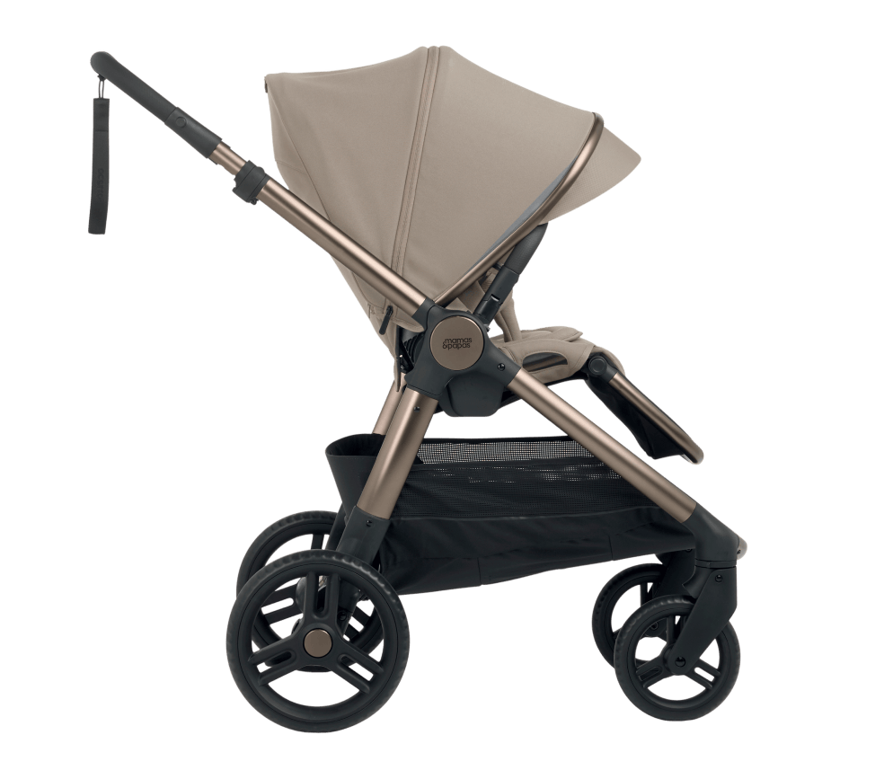 A stylish lightweight stroller in beige with a black frame.