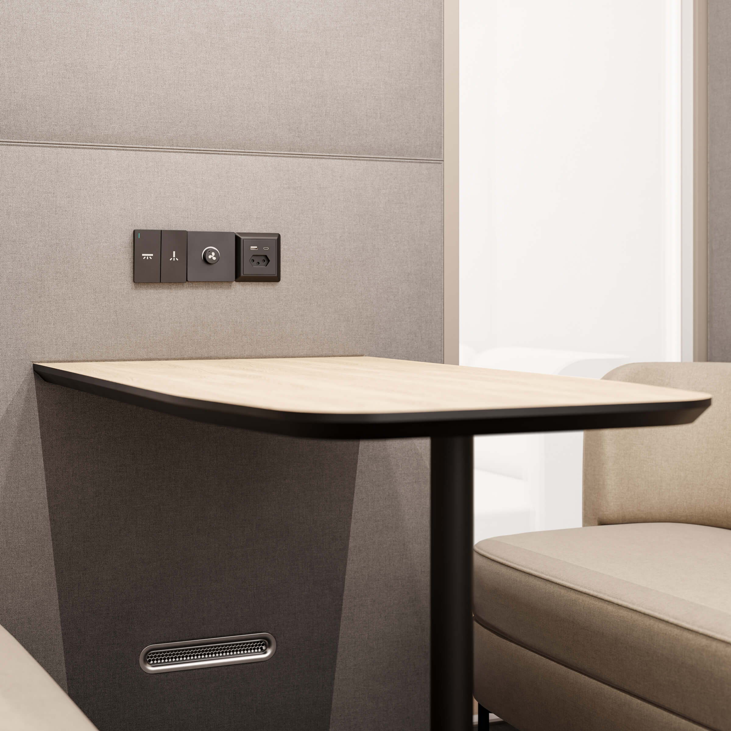 Easy operation is shown in a medium shot from the inside | Direct control of lighting and ventilation in the Focus acoustic box by ofinto