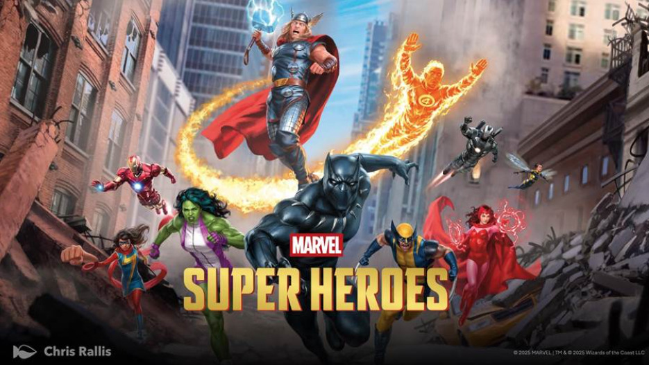 Marvel superheroes MTG in an urban setting, featuring various iconic characters.