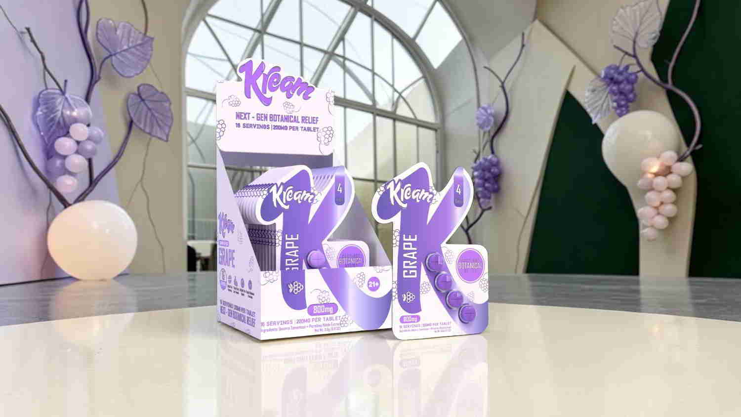 Purple product packaging displayed on a table with decorative background elements.
