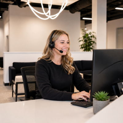 Woman wearing a headset working on a computer in a modern office.