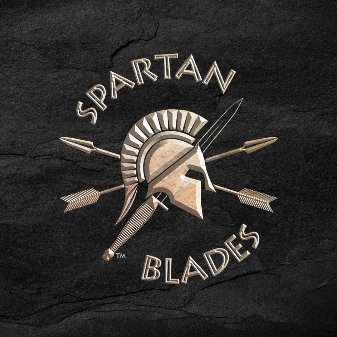 Logo of Spartan Blades featuring a helmet and crossed weapons on a dark background.