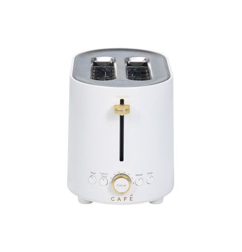 White toaster with two slots and a gold control knob.