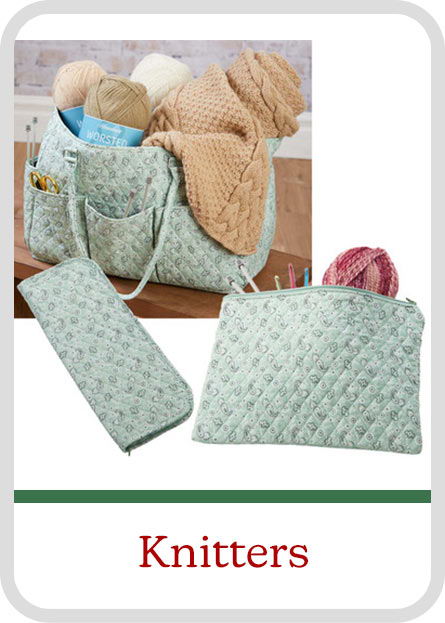 A quilted bag with yarn and knitting supplies for knitters. Gift Category: Knitters
