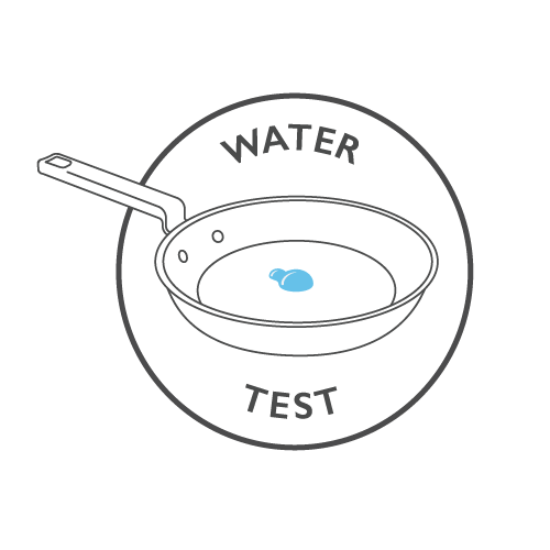 Illustration of a frying pan with water droplet, labeled 