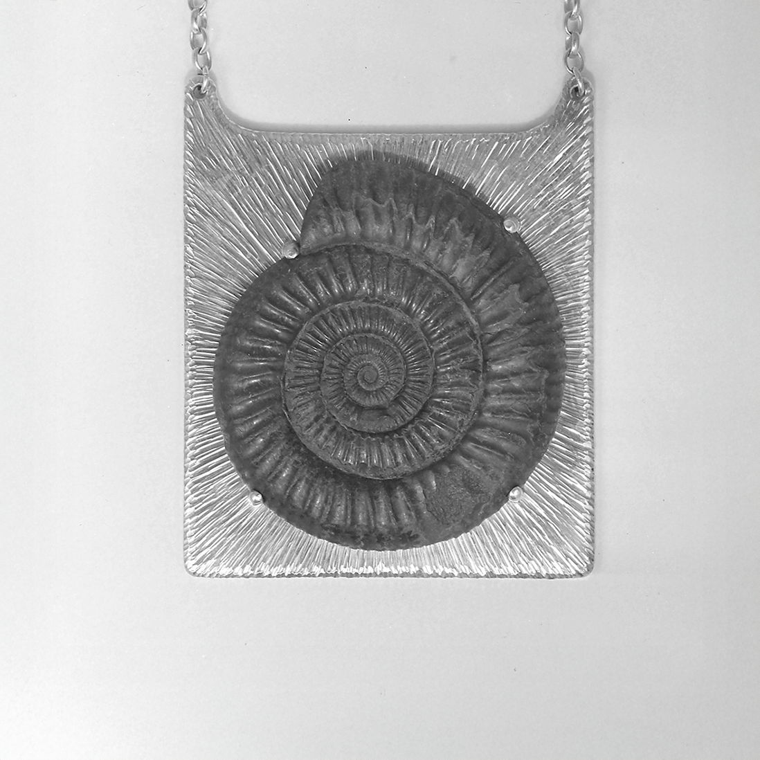 A pendant featuring a spiral ammonite design on a silver background.