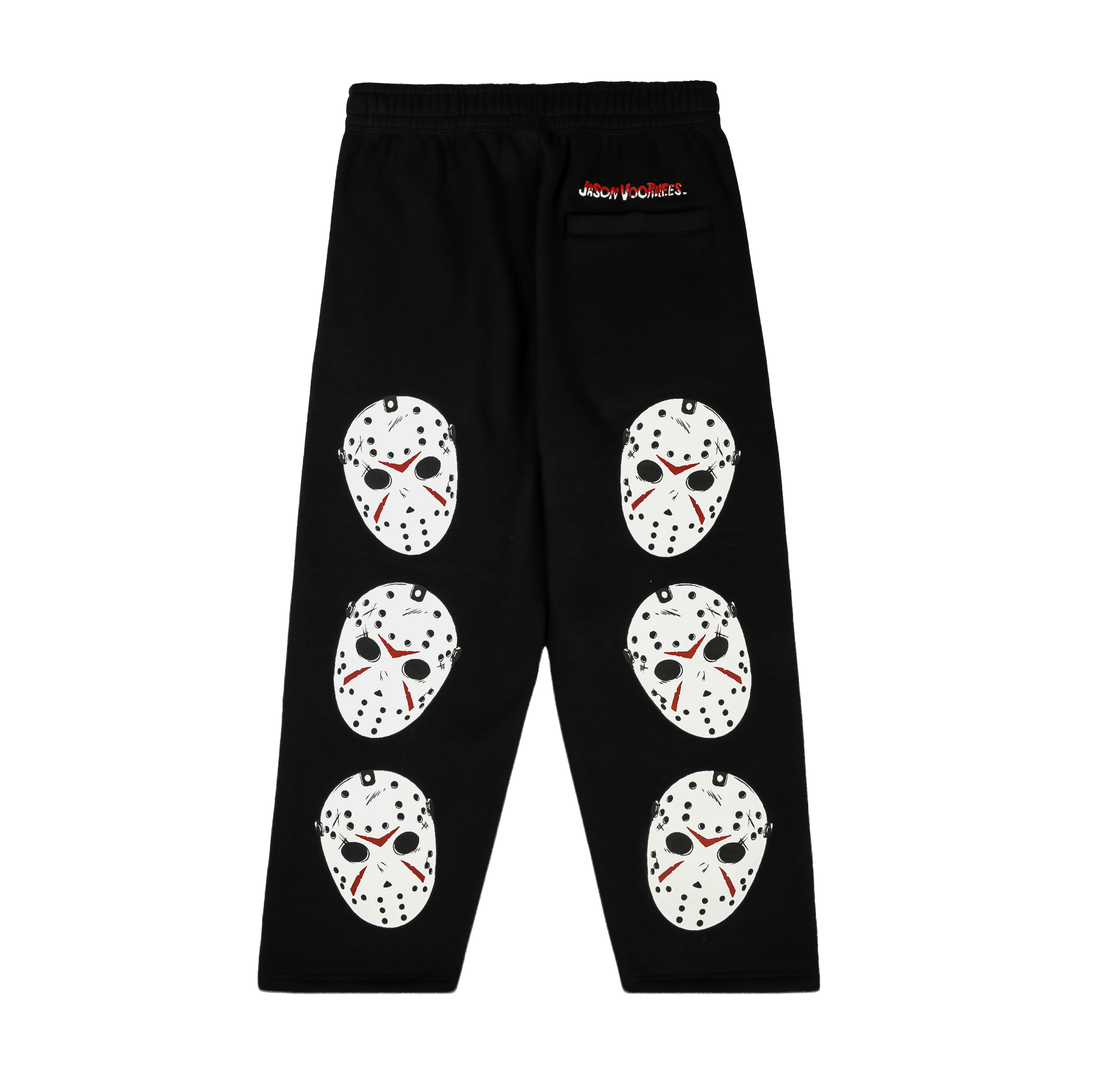 Black pants with white skull graphics and red text.