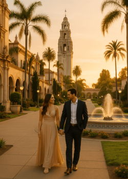 Well-dressed couple walking together in Balboa Park with palm trees and historic architecture.