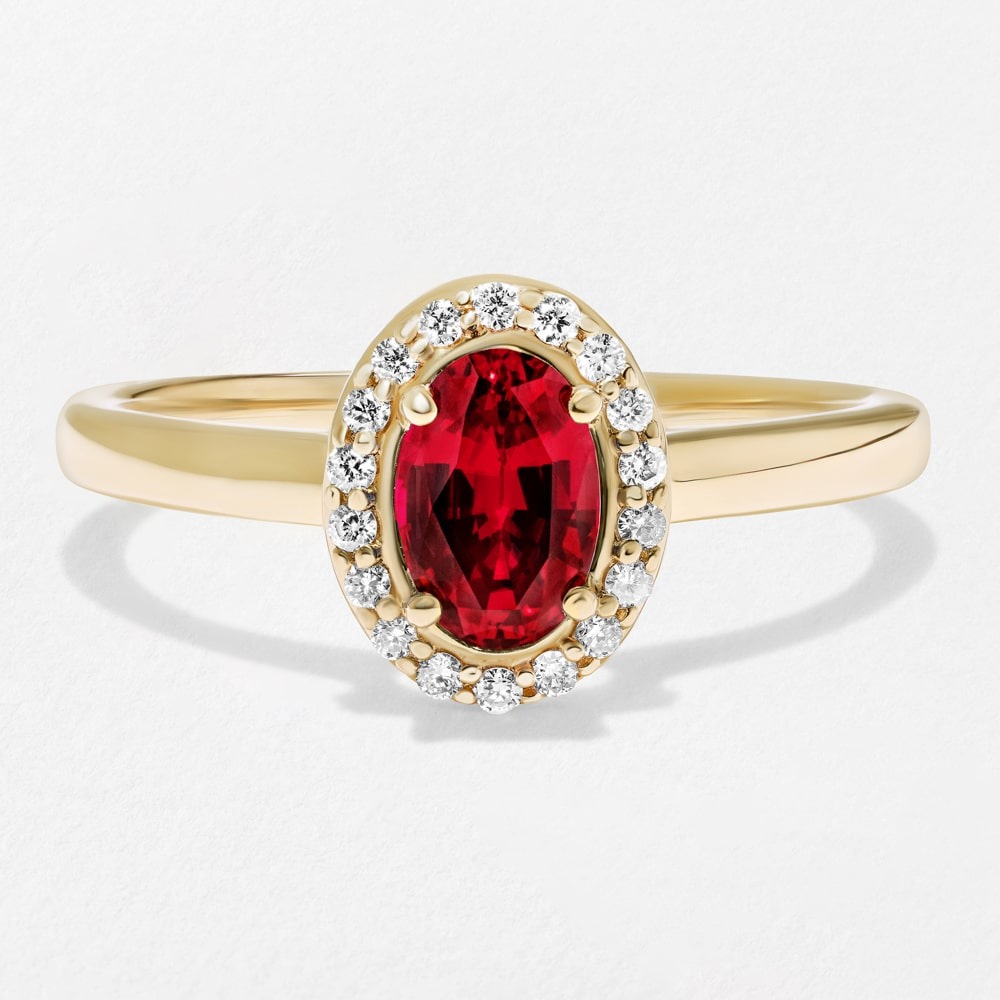 lab grown diamond halo engagement ring featuring an oval cut lab grown gemstone ruby by MiaDonna