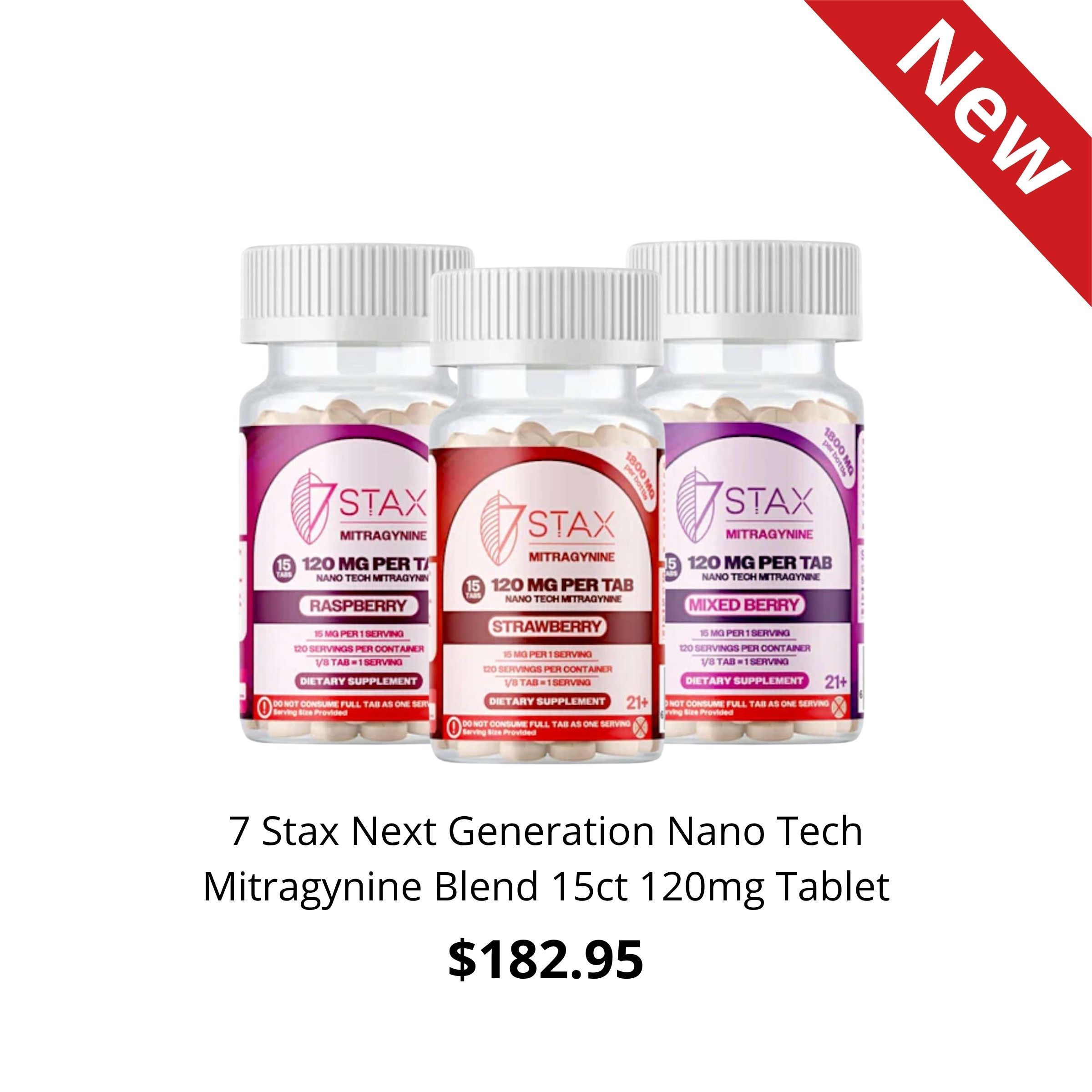 Three bottles of 7 Stax Next Generation Nano Tech Mitragynine Blend tablets for sale.