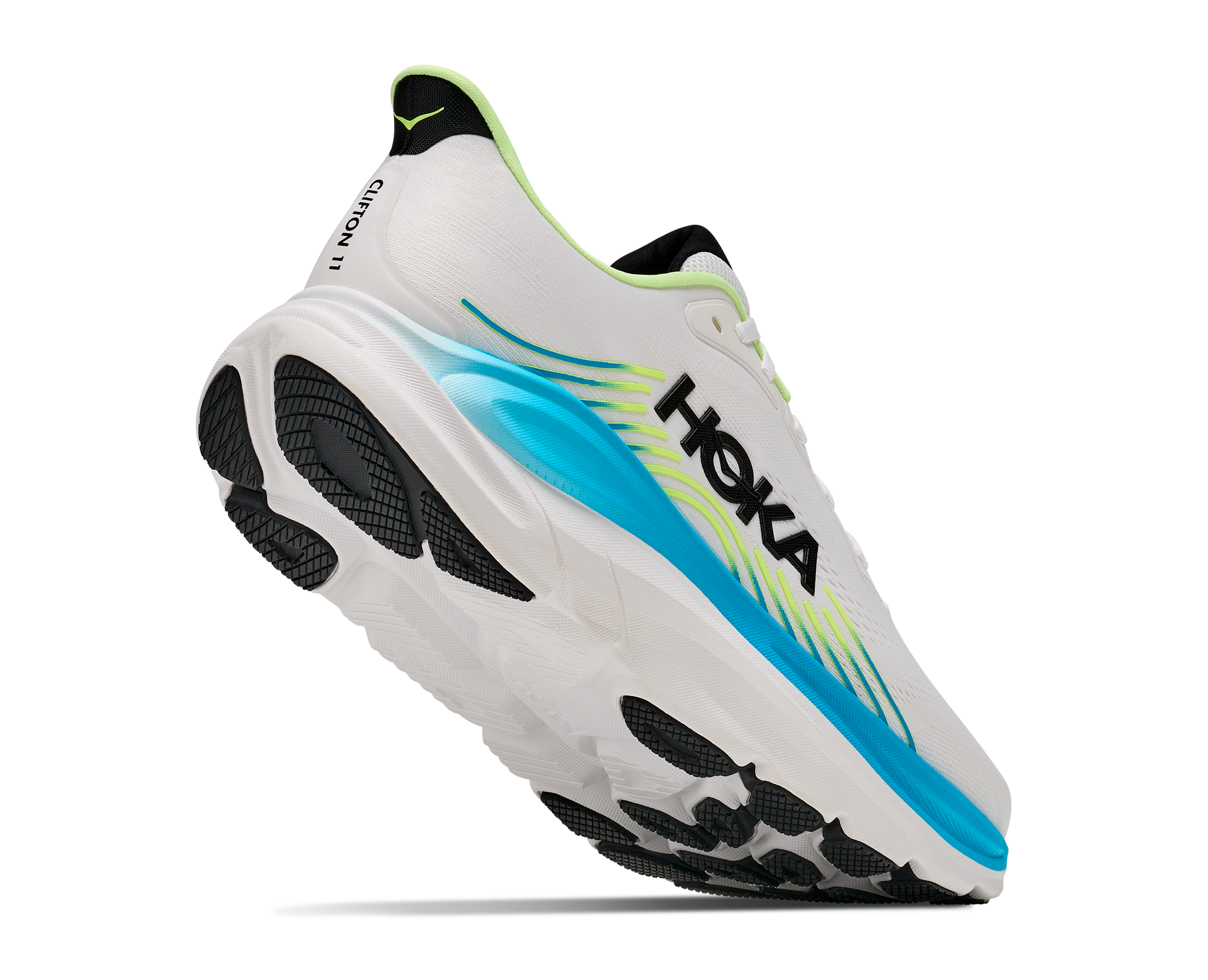 Der Hoka Clifton 11 schräg leicht von unten fotografiert.