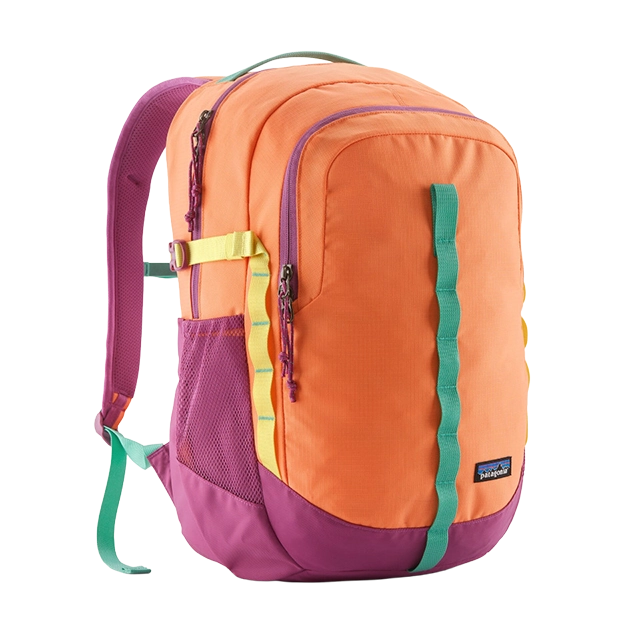 Colorful backpack with orange, purple, and teal accents.