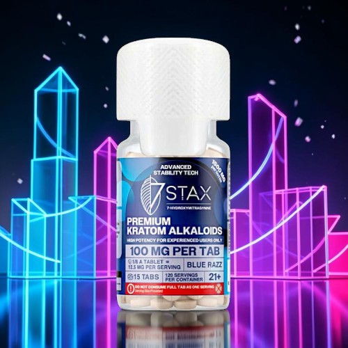 Bottle of kratom alkaloids with a colorful geometric background.
