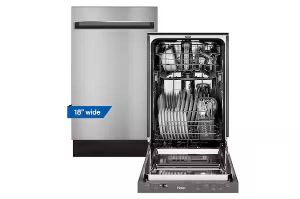 Haier 18 inch stainless steel dishwasher pictured open and closed