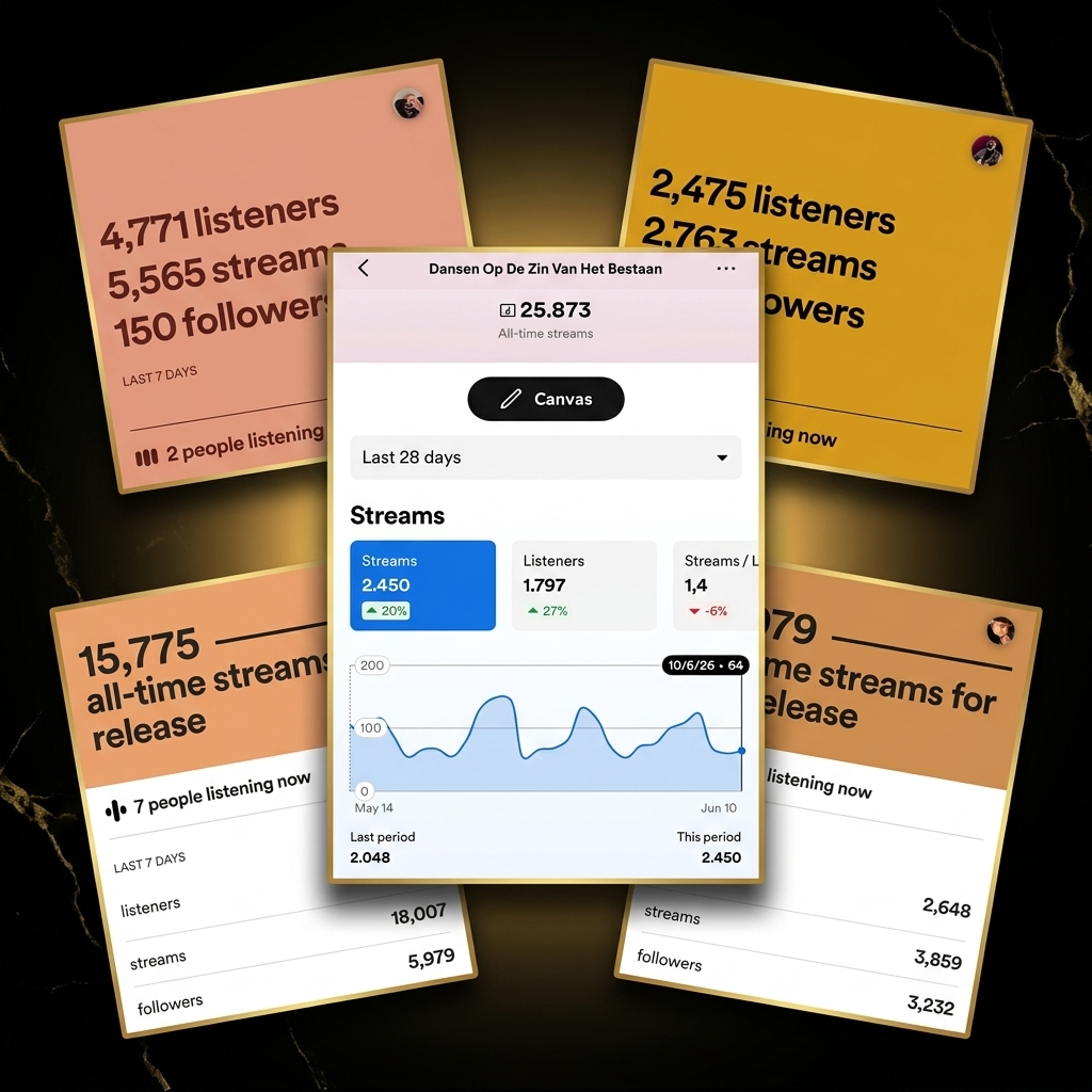 Statistics for music streams and followers displayed on colorful backgrounds.