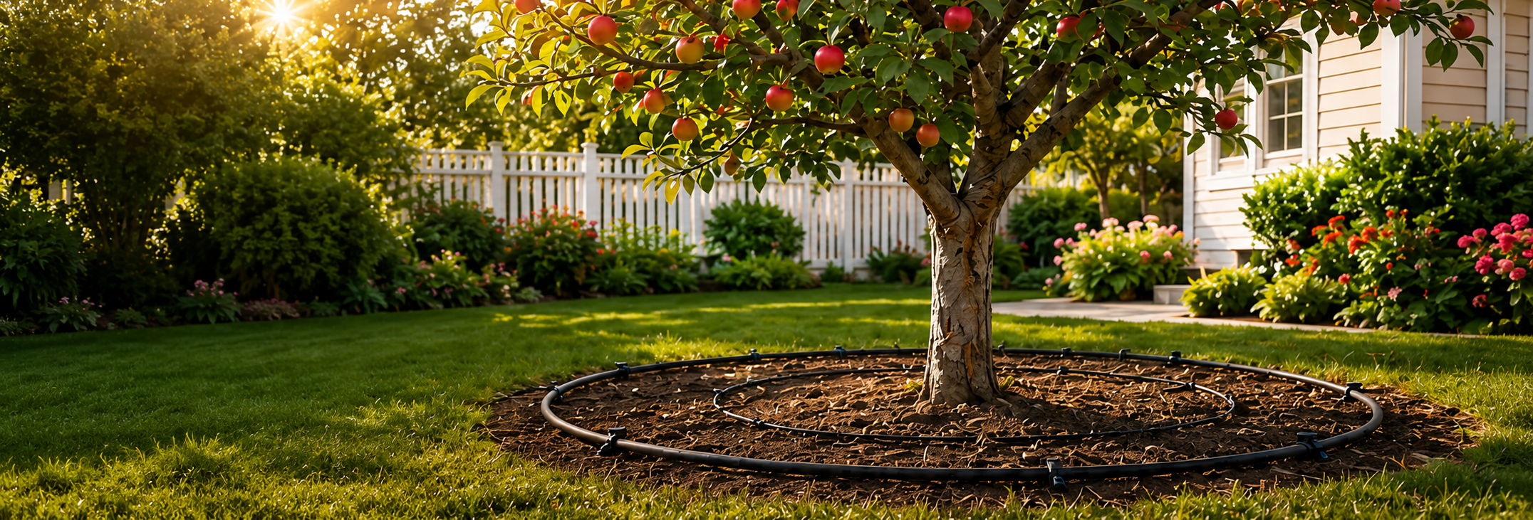 A tree in a well-maintained garden during golden hour.