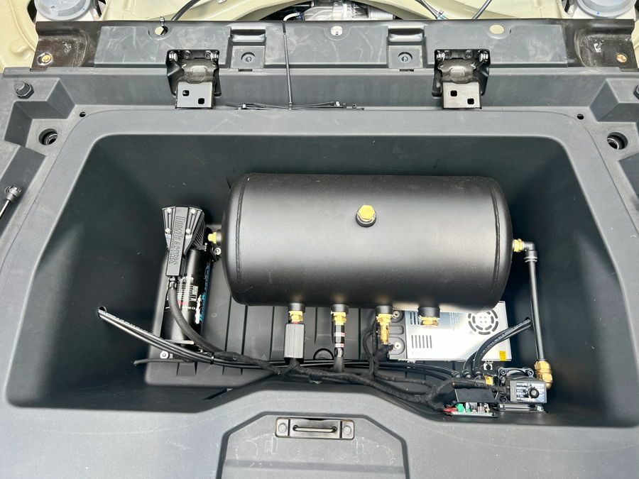 Tesla Cybertruck bed gear locker open four white Shocker horns MOLLE panels black air tank 544K gallery photo 3