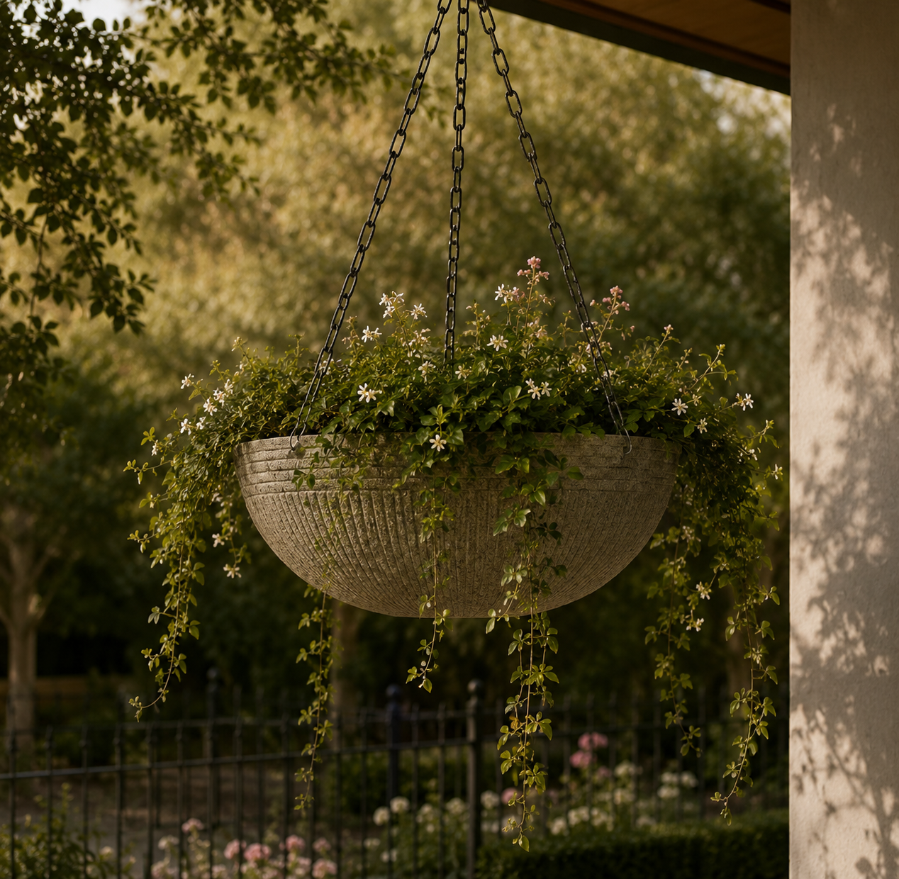 Hanging baskets adorned with greenery in a serene outdoor setting.