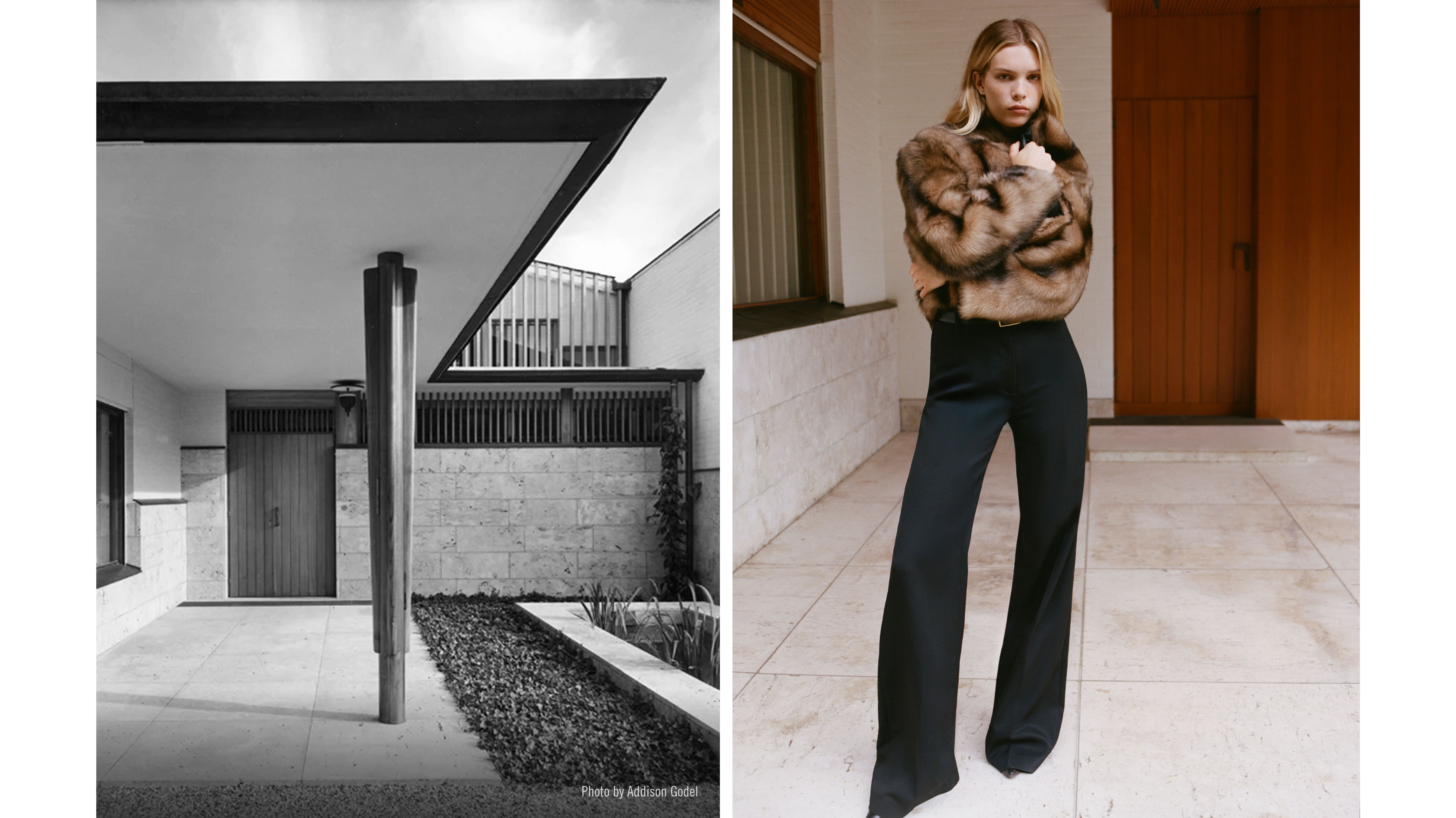 A black and white architectural photo alongside a fashion model in a fur coat.