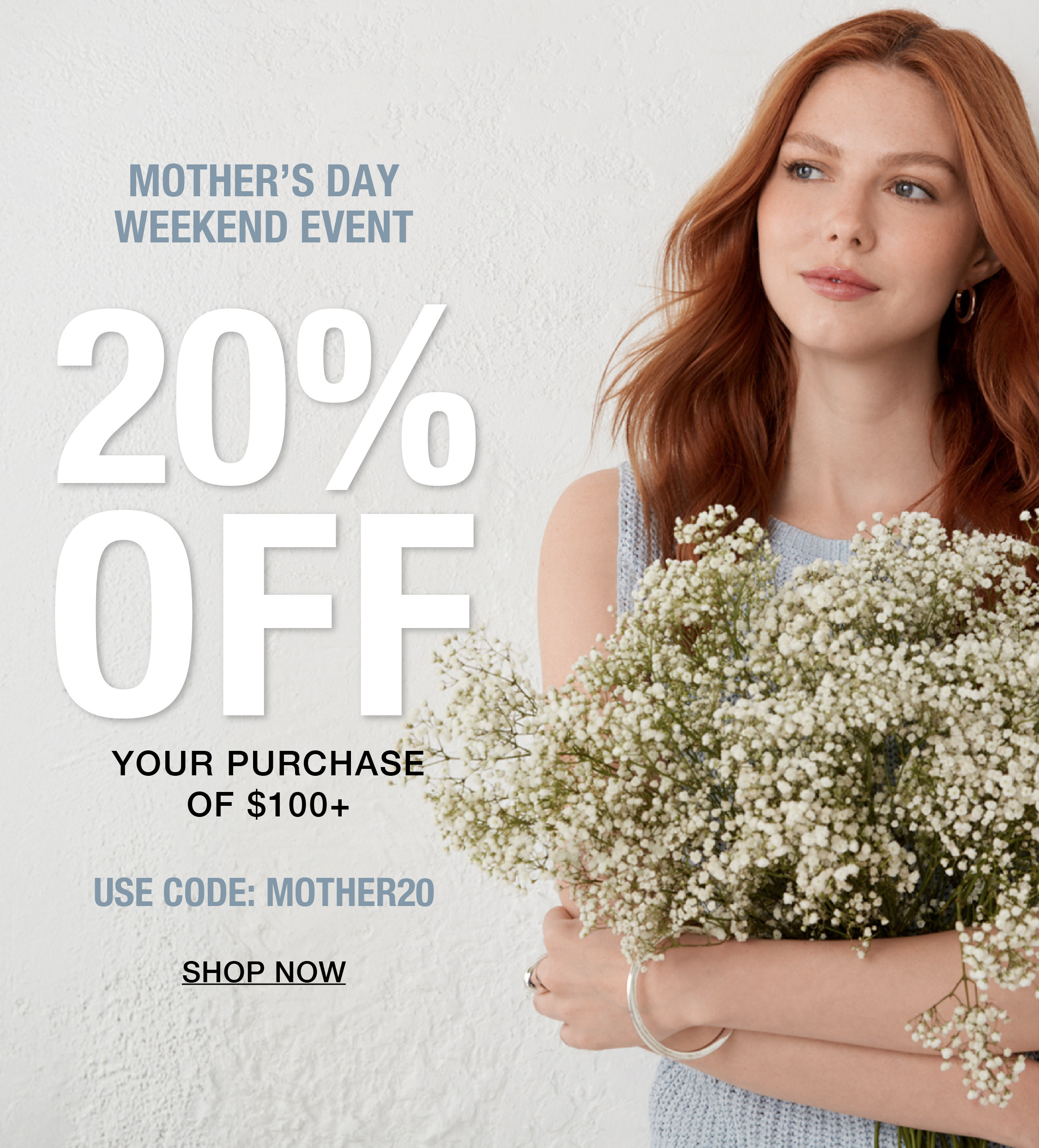 Woman holding flowers with promotional text for Mother's Day sale.