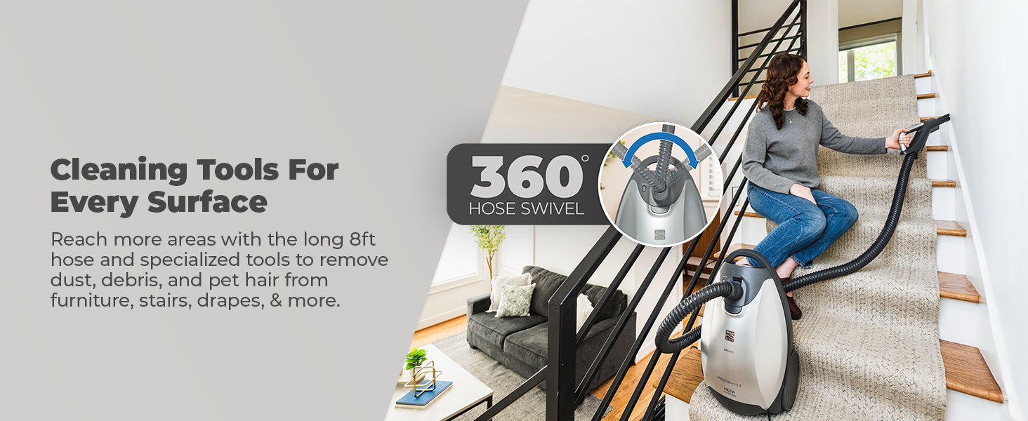 Cleaning tools for various surfaces, highlighting 360-degree cleaning capabilities.
