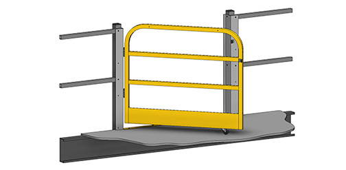 Single swing mezzanine gate with 2 rails and yellow paint.