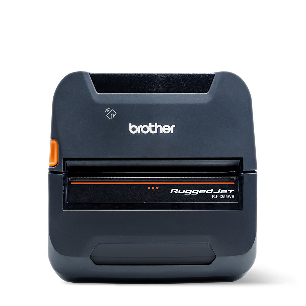 Portable Brother label printer with orange accent and black body.
