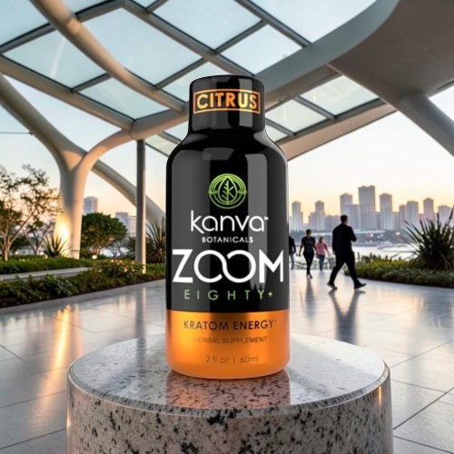Bottle of Kanva Zoom Eighty+ in a modern outdoor setting.