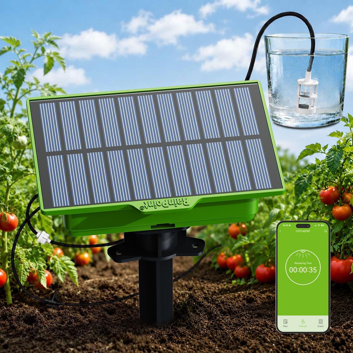 Solar panel with a connected water sensor and smartphone display in a garden.