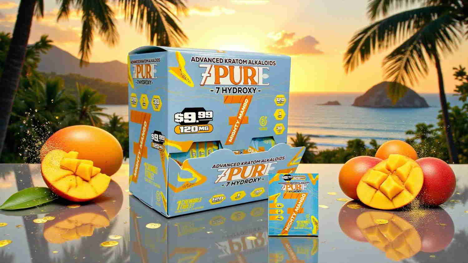 Mango-flavored product packaging with tropical scenery and fresh mangoes.