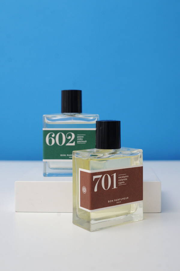 A styled image of Bon Parfumeur 602 and 701 Eau de Parfums.