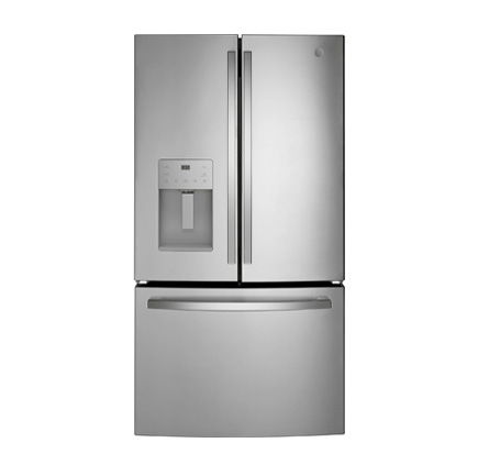Silver French door refrigerator with water dispenser and bottom freezer.