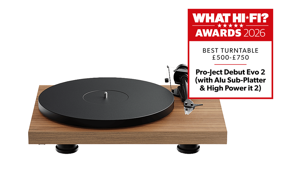 Pro-Ject Debut Evo 2 turntable, with a walnut plinth, with award label.