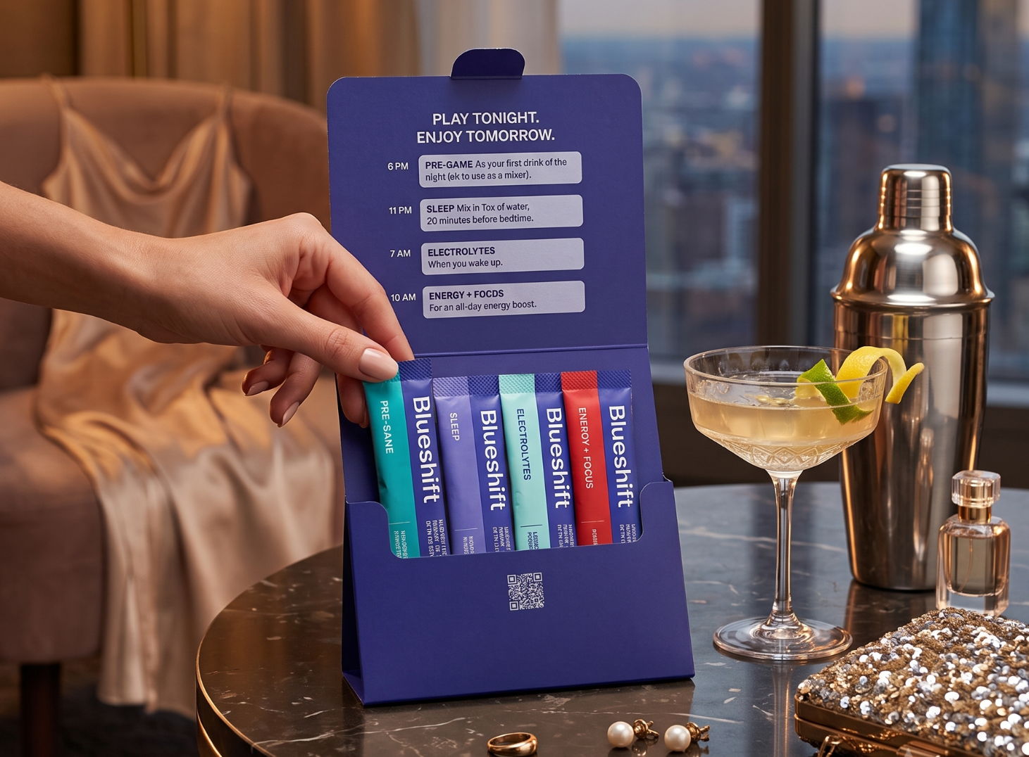 A woman reaching for a stick pack from the Big Night Out Kit, getting ready for a night on the town.