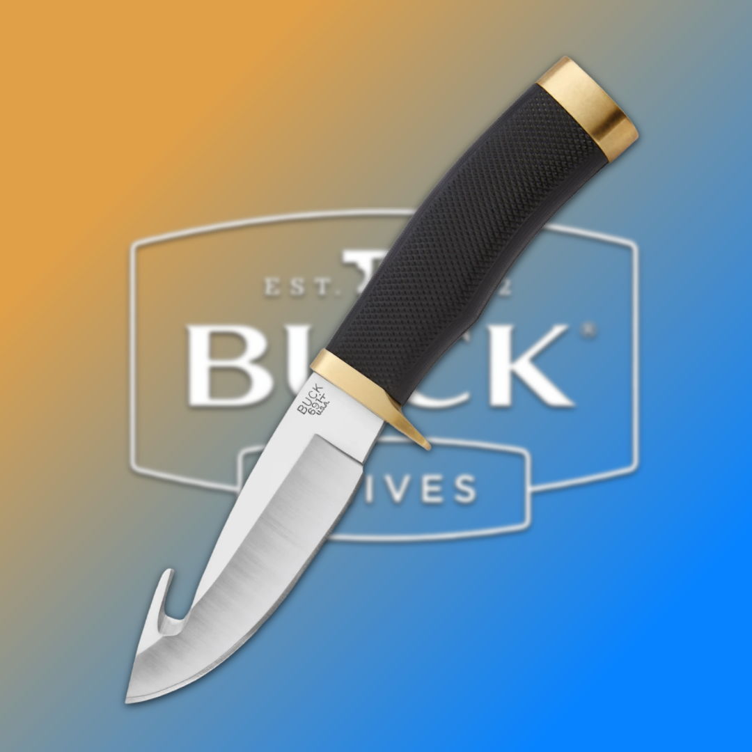 Buck knife with a black handle and gold accents on a gradient background.