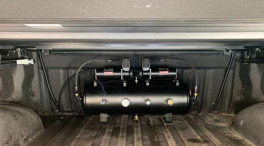 Dual VIAIR compressors black air tank pressure gauge truck bed tonneau cover LaQuentin's 844 Nightmare Edition onboard air gallery photo 2