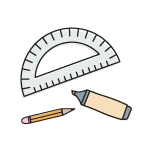 Illustration of protractor, pencil and highlighter pen