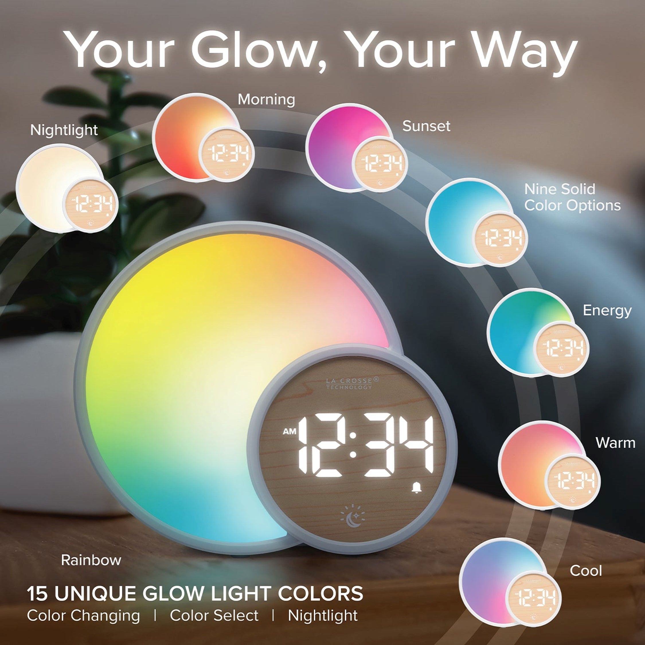 Digital clock displaying time with customizable glow light colors.