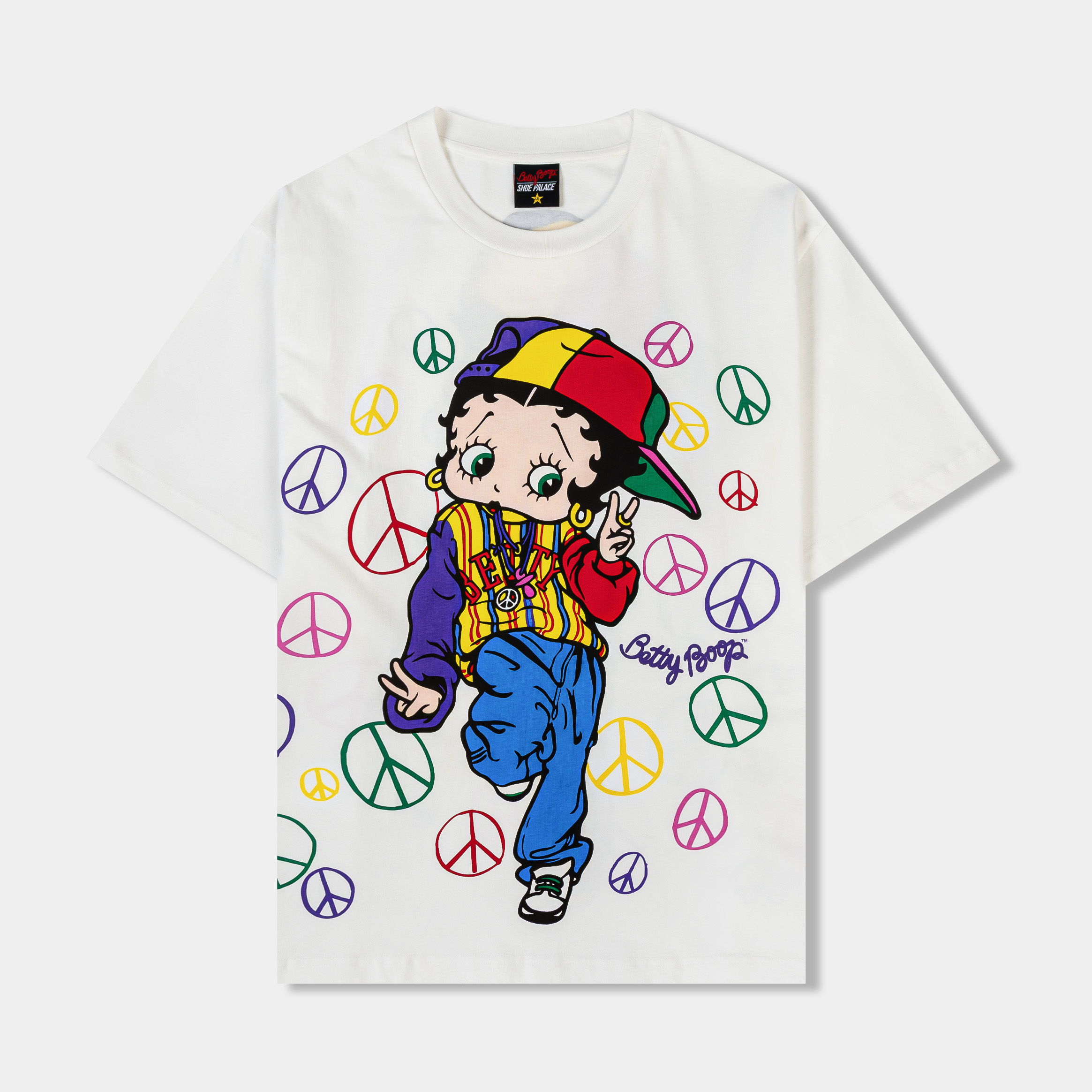 T-shirt featuring cartoon character with peace signs and colorful attire.
