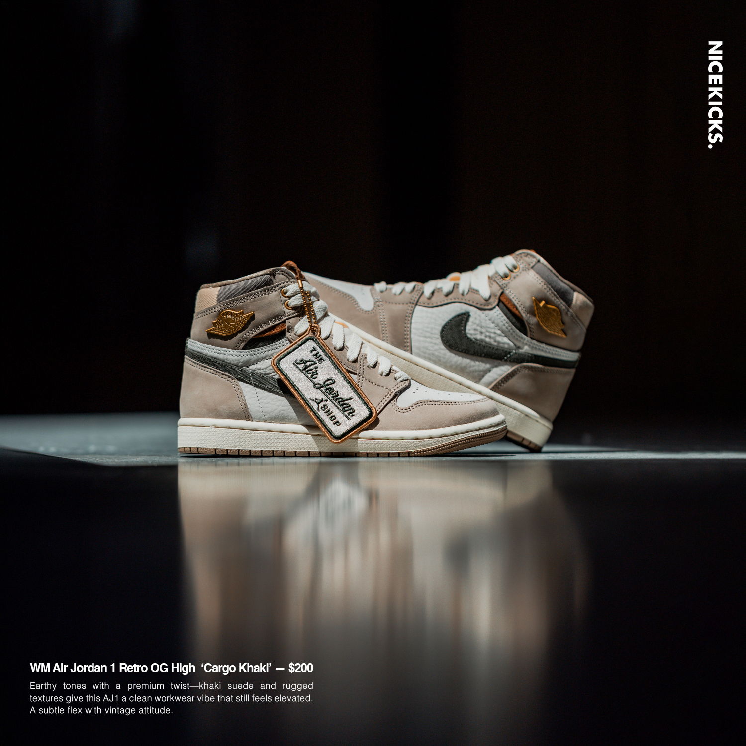A pair of stylish Nike Air Jordan sneakers on a reflective surface.