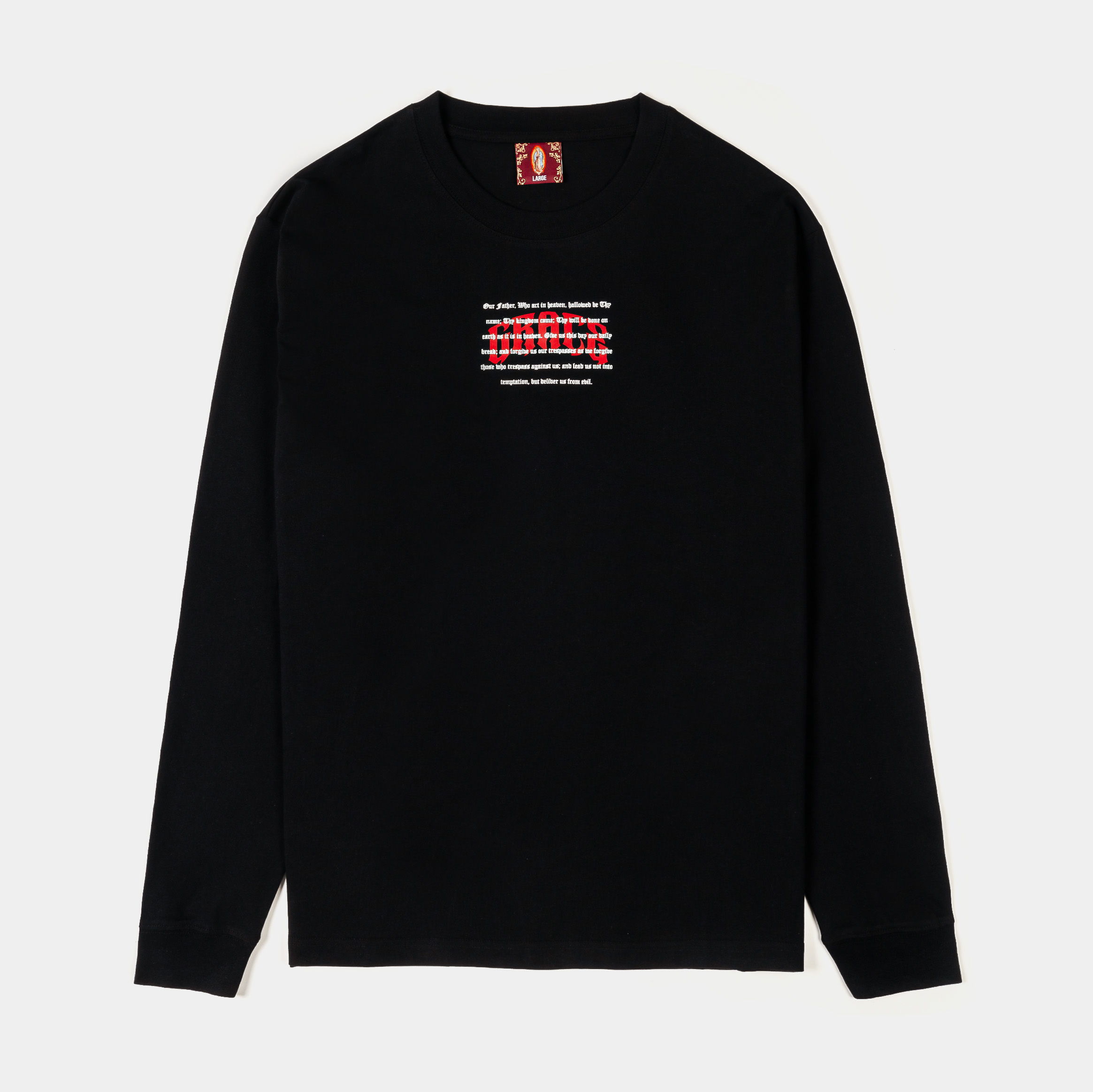 Black long-sleeve shirt with graphic text design on the front.