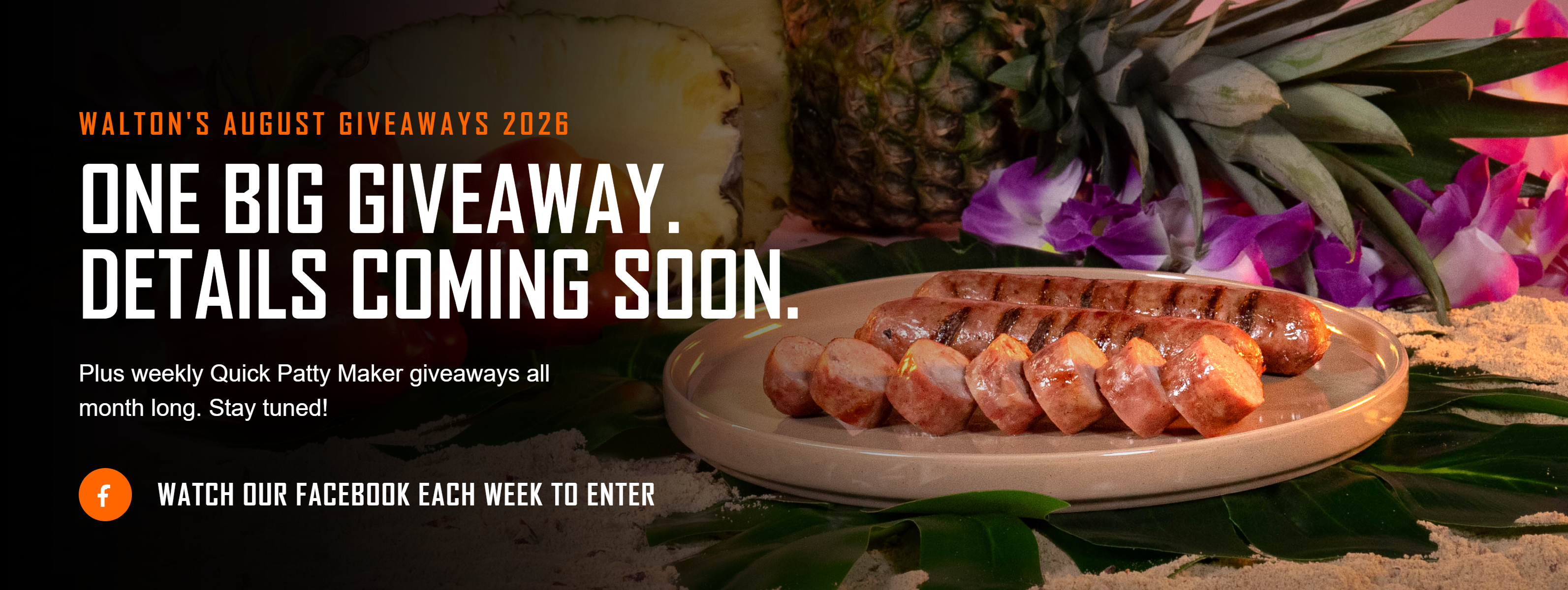 One big giveaway announcement with tropical fruits and a plate of shrimp.