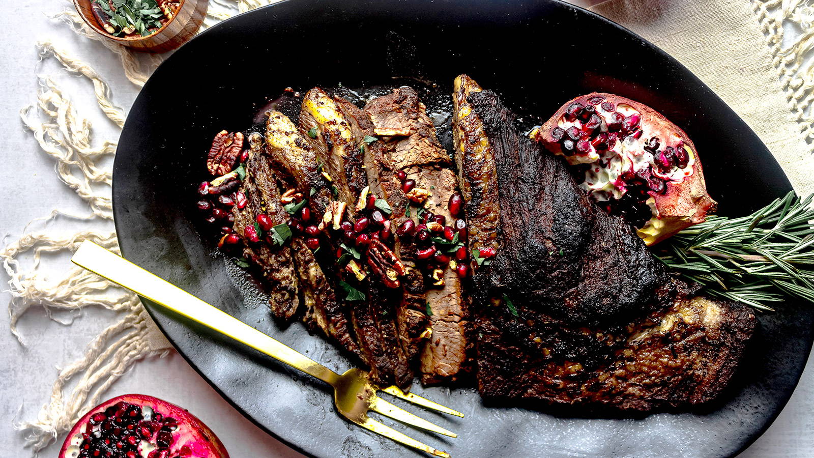 Gourmend recipe for low fodmap brisket in pomegranate rosemary sauce